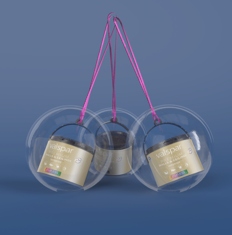Finished 3D printed promotional decorations inside clear Christmas baubles